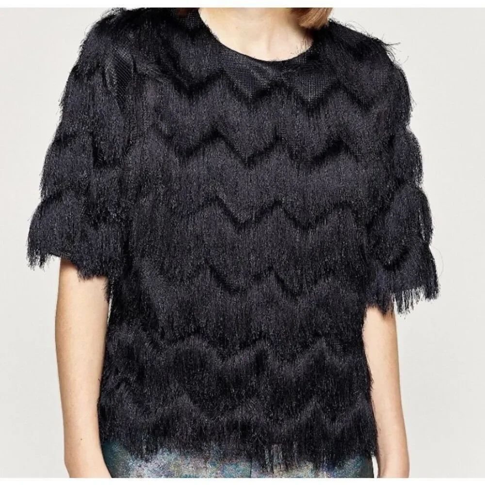 Rebecca Minkoff black fringe Chevron pattern top - size xs